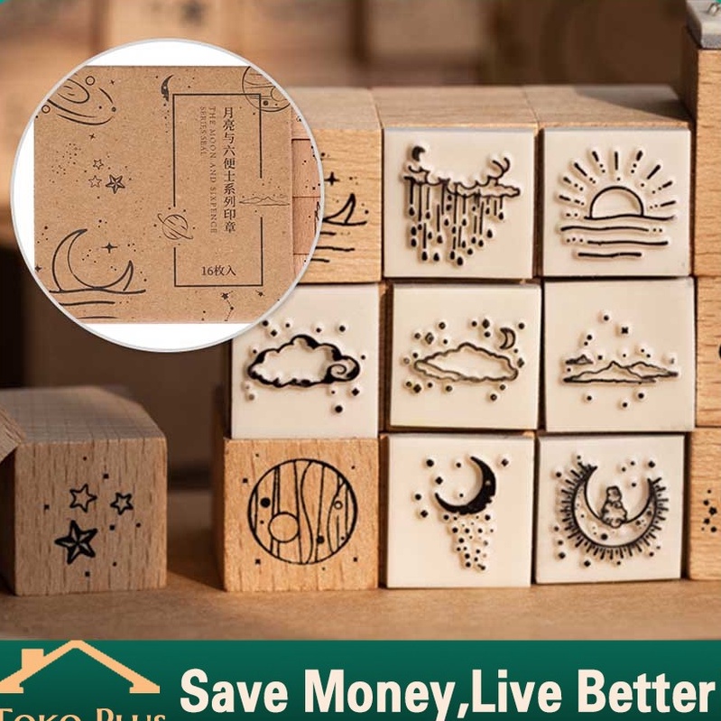 Paling Popular 16Pcs Cap Stampel huruf kayu  Stempel Mini Unik  The Moon And Sixpence  Stempel Lucu