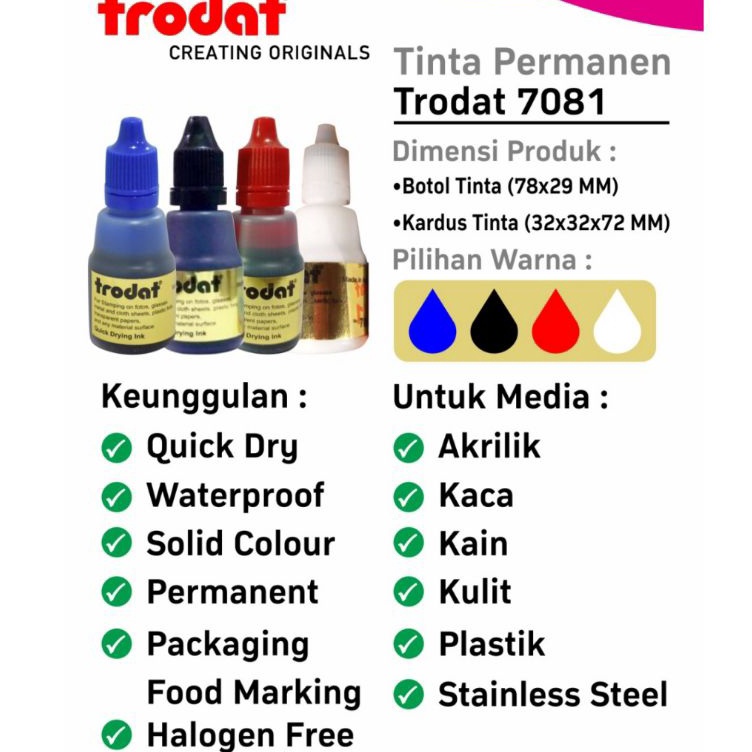 

Kirim Sekarang Tinta untuk plastik kaca keramik Permanen Premium Tahan Air Trodat 781 25ml