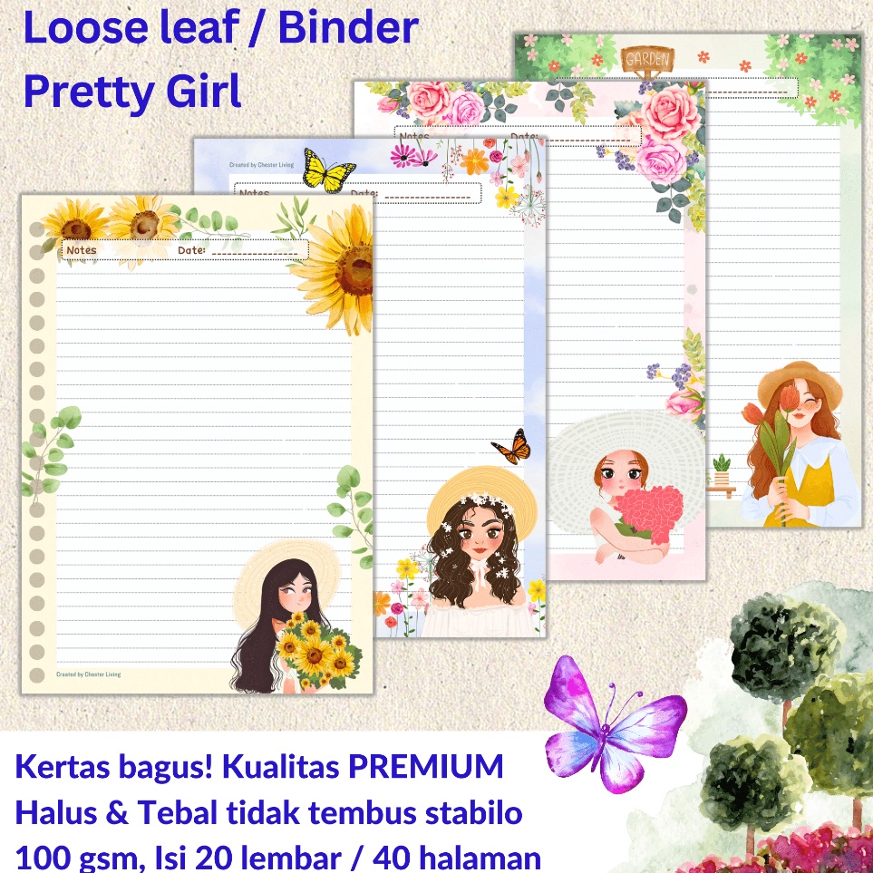 

PRETTY GIRL Loose leaf Isi Kes File binder A5B5 Tebal Refill Map Binder Line Grid Dotted Blank Garis Kotak Titik Polos Color Warna Lucu CHESTER LIVING