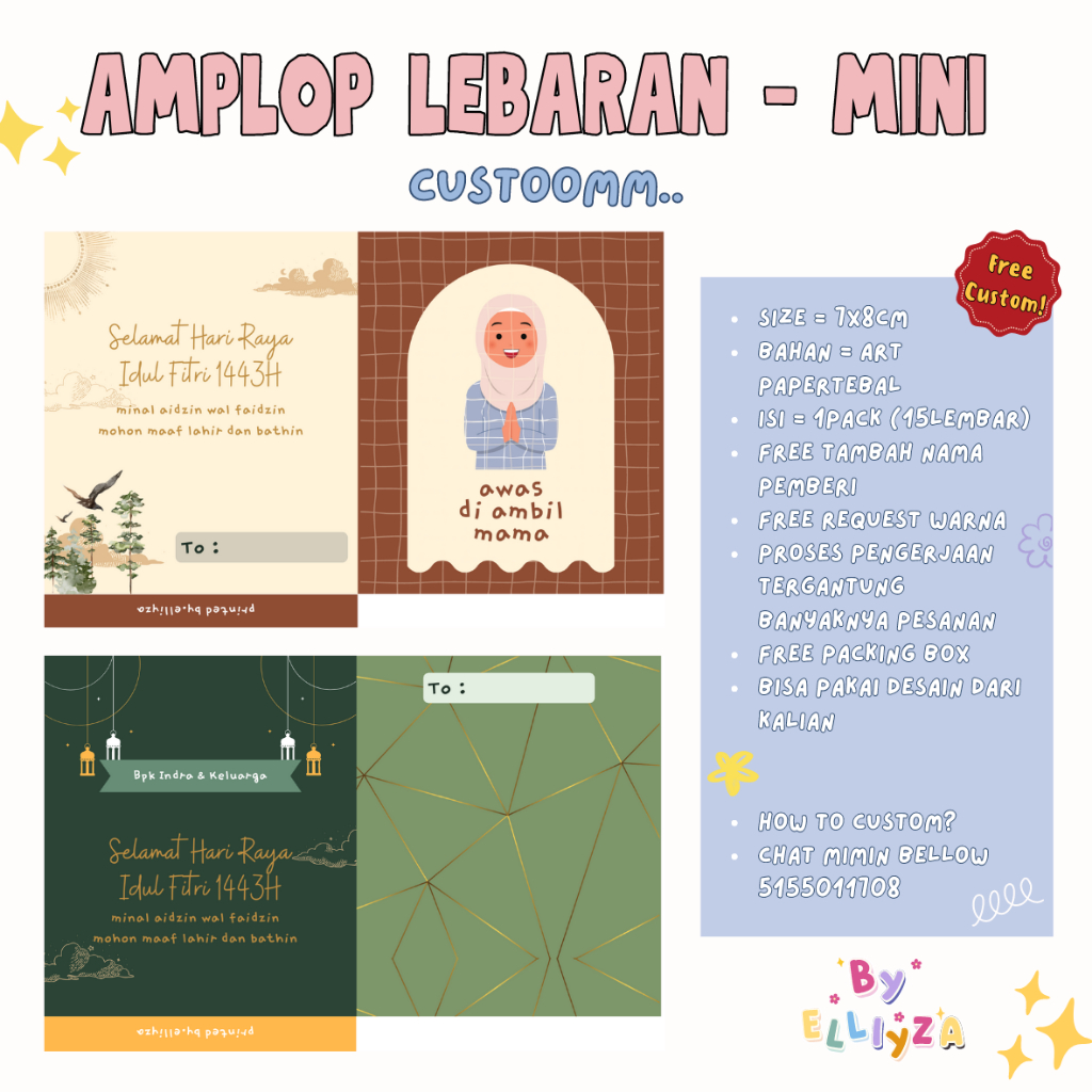 

CUSTOM Amplop Lebaran Lipat 2025| Amplop THR | Amplop Idul Fitri | Amplop Uang | Amplop Custom Nama | Angpao Lebaran Mini Size 7x8cm