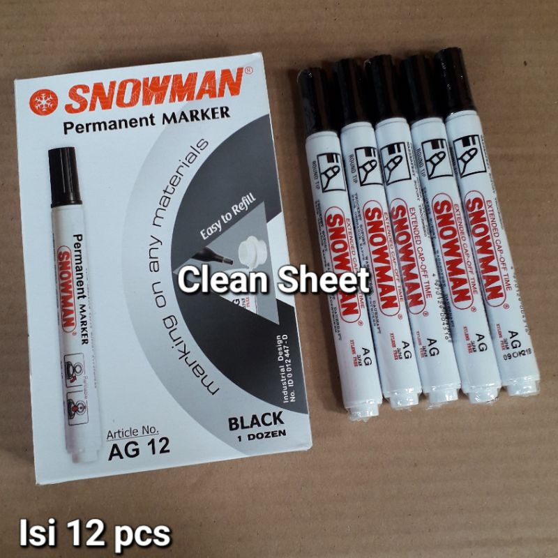 Spidol snowman permanen AG12 hitam(Harga/1 kotak,isi 12 pcs)