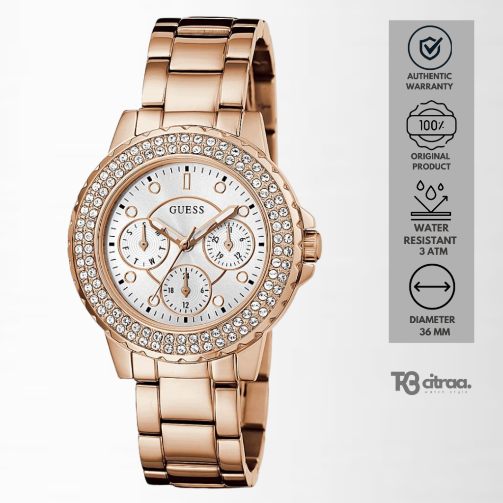 Jam Tangan Fashion Wanita Guess Chronograph Stainless Steel Water Resistant Luxury Watch Rose Gold M