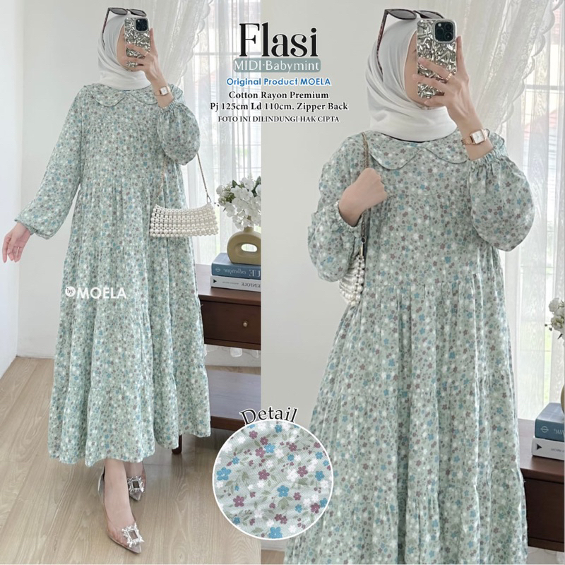 FLASI MIDI DRESS BY MOELA // MIDI DRESS REMPEL SUSUN MOTIF BUNGA ALLSIZE LD 110CM FIT M TO XXL