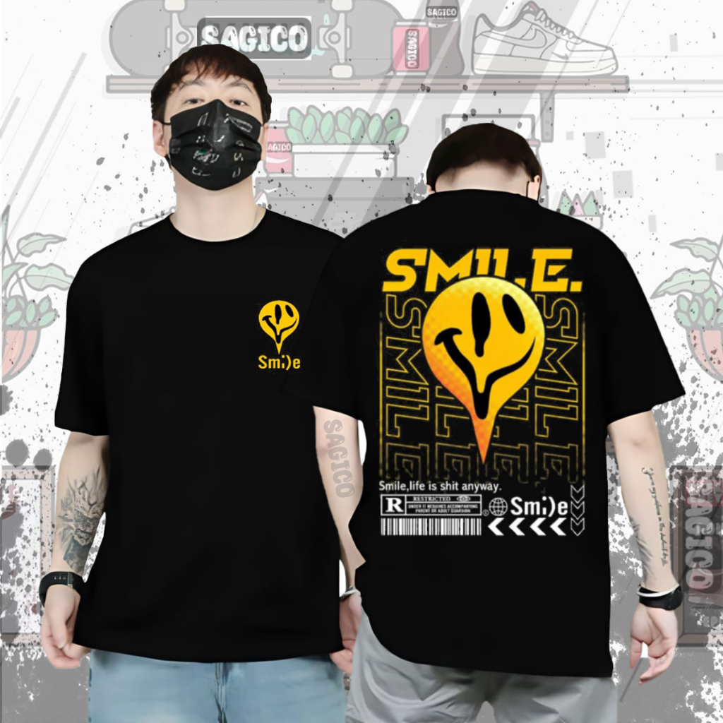 Baju Kaos Tshirt Distro Pria Cowok Sablon Lengan Pendek Motif Emot Senyum Smile Trendy Keren Cod