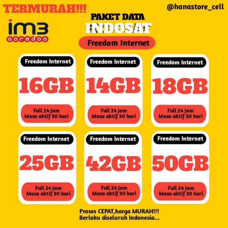 PAKET DATA INDOSAT FREEDOM INTERNET FULL MURAH 50GB || 42GB || 25GB || 18GB