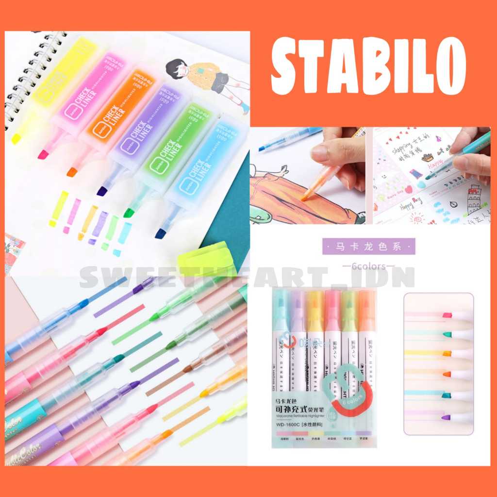 

Stabilo warna pastel pen highlighter 6 IN 1 , 2 IN 1 , Stabilo bisa hapus 1 SET isi 6PCS warna pastel