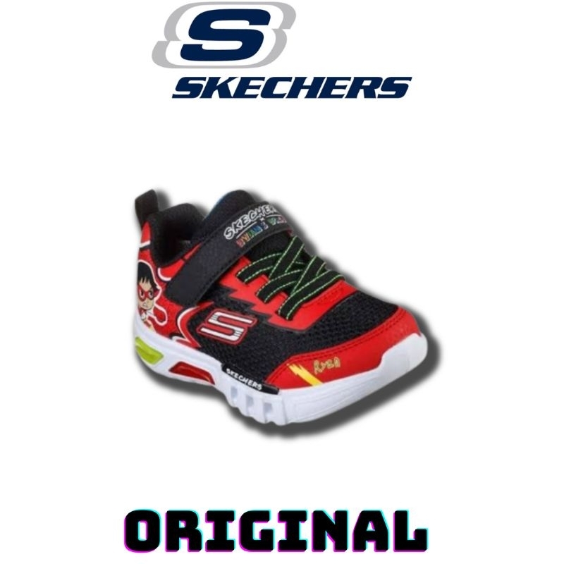 Sepatu Skechers Kids Flex Glow Hero Speed Black Red ( 406043N/RDBK ) Original