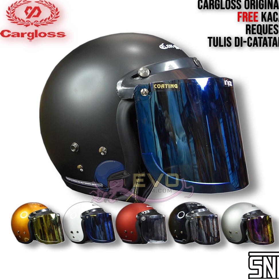 HELM CARGLOSS CFM RETRO ORIGINAL WARNA LENGKAP CARGLOSS KACA DATAR INJAK SILVER PELANGI GOLD BIRU  F
