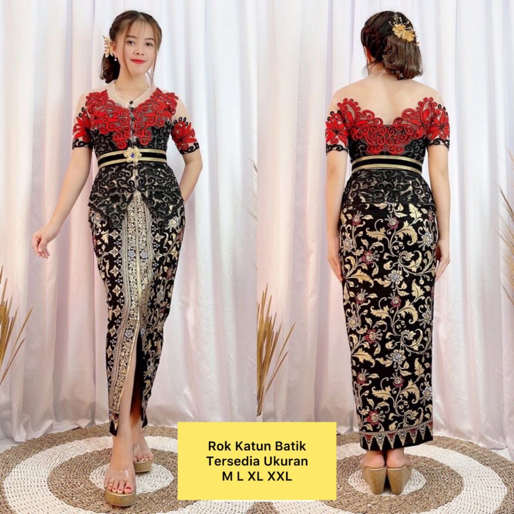 Set Kebaya Modern Brukat Bali Sofia Bed Tangan Panjang Rok Batik Prada Selendang Obi Bludru Stretch 