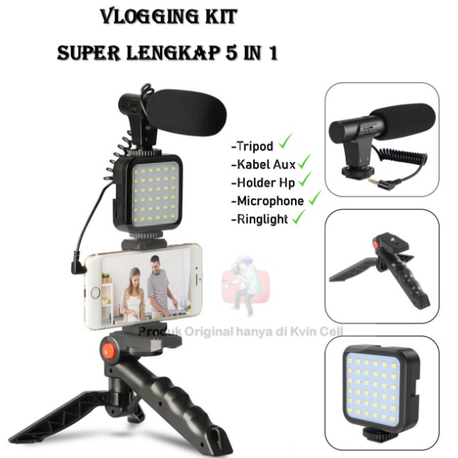 Vlogging KIT Alat Paket Vlog Hp Lengkap r Vloger Handphone 5 in 1 Item LED Light Phone Holder Tri Mi