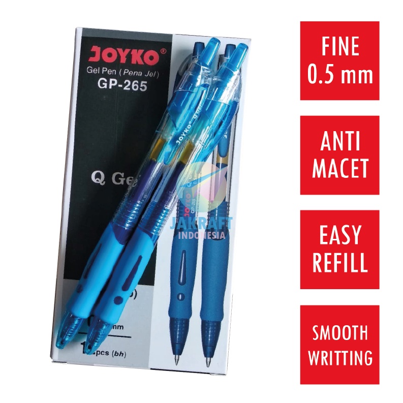 

SPESIAL DISKON 12 Pcs Pulpen Gel Pen Klik JOYKO GP265 Q GEL Biru Blue 5 mm Anti Macet Luntur