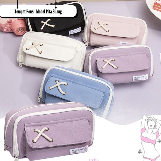

Berkualitas Tinggi SS Tempat Pensil Model Pita Silang Kotak Pensil Tali Rami Ritsleting Ganda Bahan Kanvas Pouch Tempat Alat Tulis Perlengkapan Sekolah Kantor Dua Sisi Resleting
