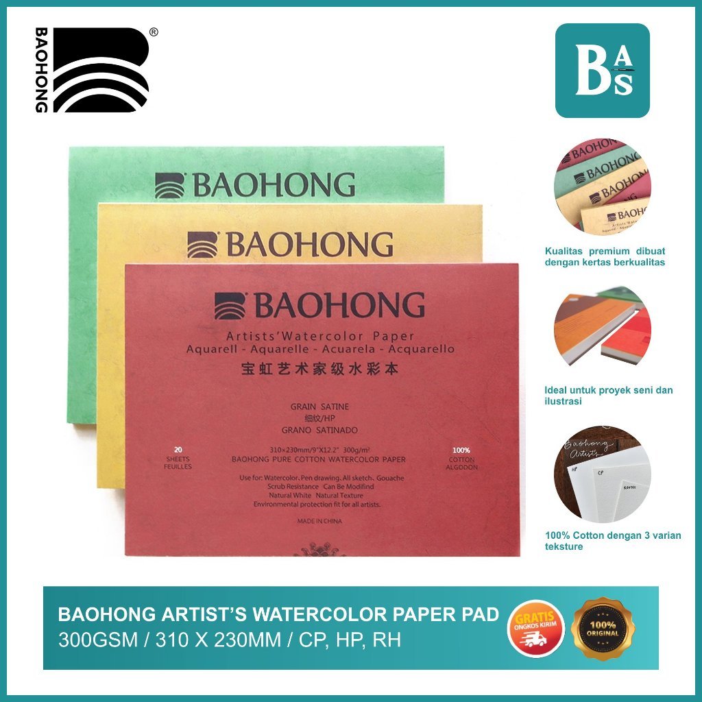 

Baohong - Artist Watercolor Paper Pad 300gsm - 310mm x 230mm 20 Lembar - HP/CP/R - Bali Artemedia