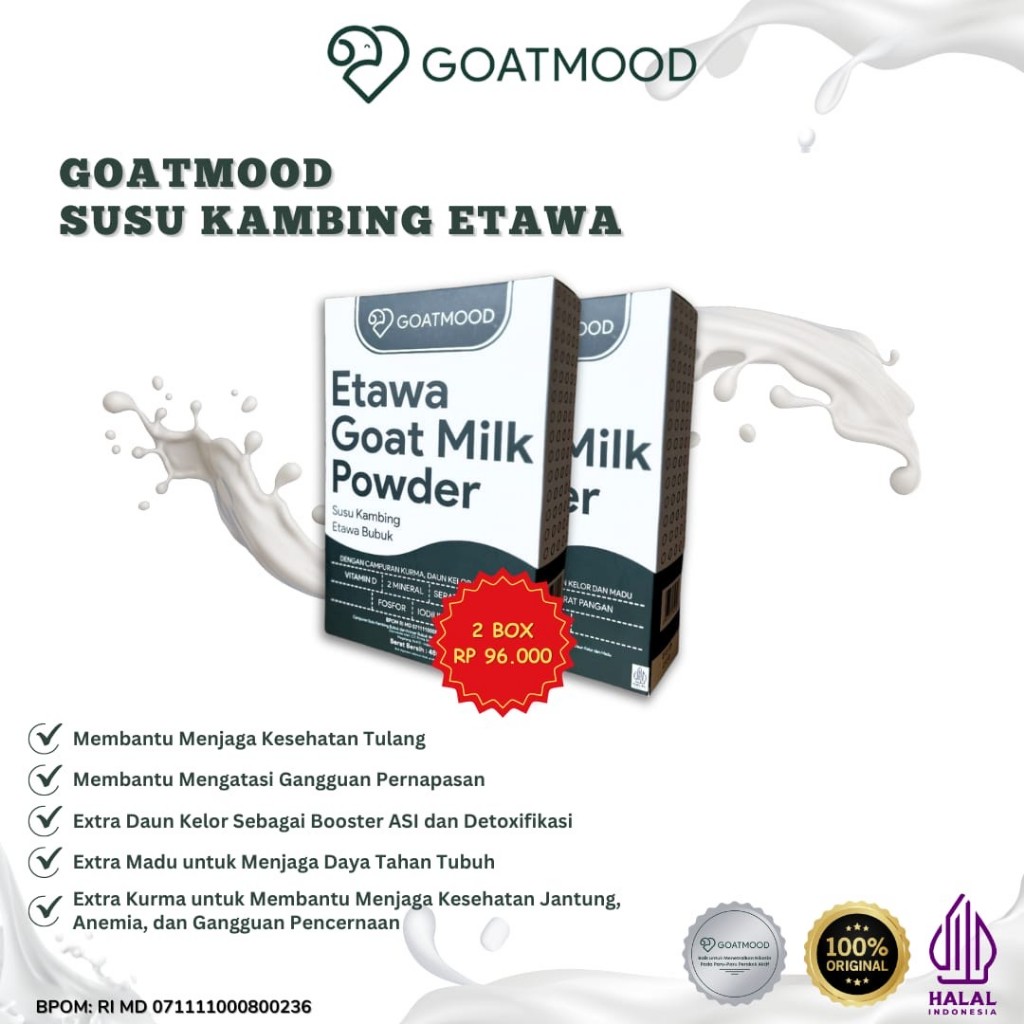 

[PAKET 2 BOX] Goat Mood Milk Susu Kambing Etawa Murni / 485gram / Bantu Atasi Masalah Tulang dan Sendi, Pernafasan, Sebagai Asi Booster, dan Menjaga Imun Tubuh
