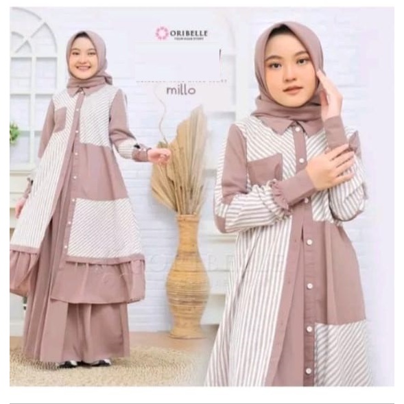 Asly Kids Abaya Anak Stylish Setelan Set Atasan Tunik Rok Kulot Motif Salur Stripe