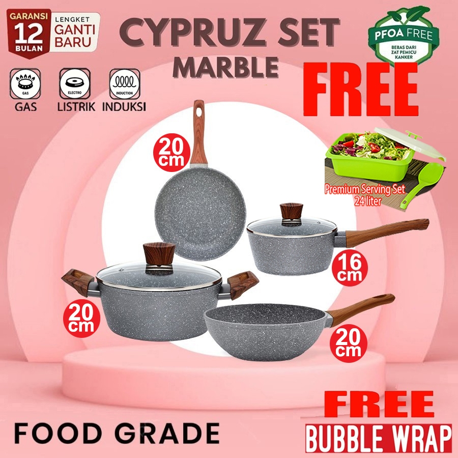 Cypruz Cookware Set Wok Sauce Pan Frypan Cyprus Marble 4 Pcs Panci Wajan Penggorengan Induksi