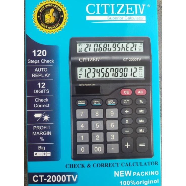 

Kalkulator CT2TV Double layar Khusus DagangKantoranWiraswasta 2power12Digit