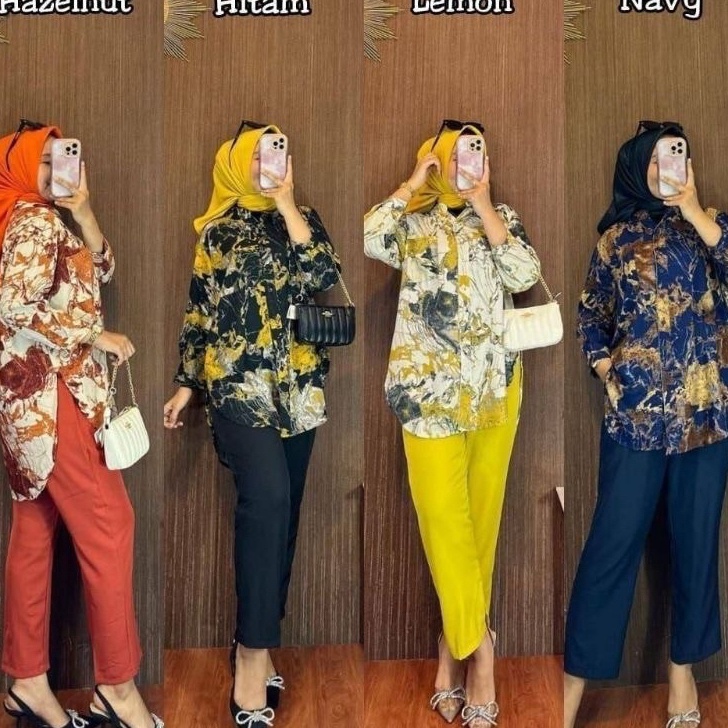 ORIGINAL BAJU ONE SET WANITA MOTIF MARBLE NADIRA SETELAN SYAKILA PREMIUM SETCEL KEMEJA KANTOR KEKINI