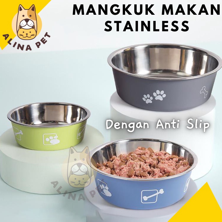 Readystock Tempat Makan Anjing Kucing STAINLESS ANTI SLIP Mangkuk Makan Pet Bowl Stainless Mangkuk M