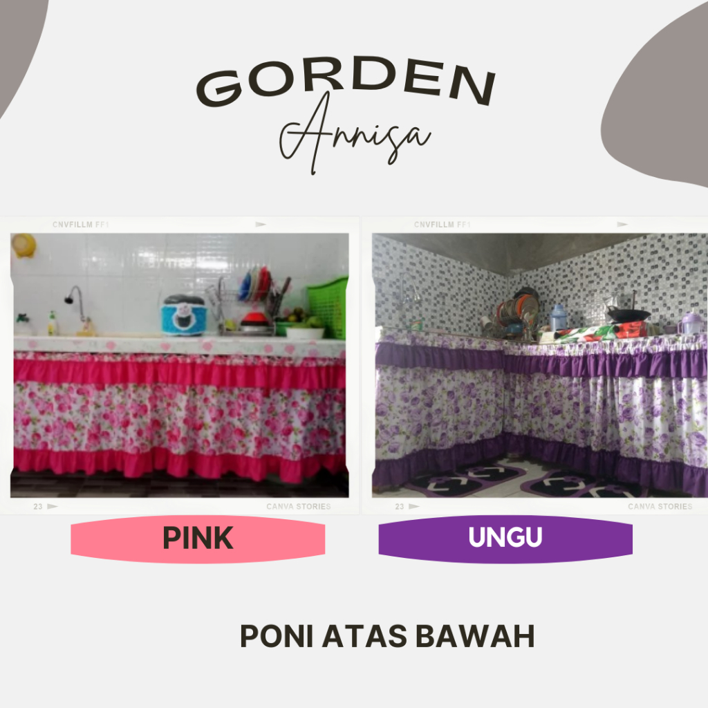 Gorden Penutup Kolong Dapur Hordeng Korden Model Double Poni Atas Bawah Motif Annisa Ungu