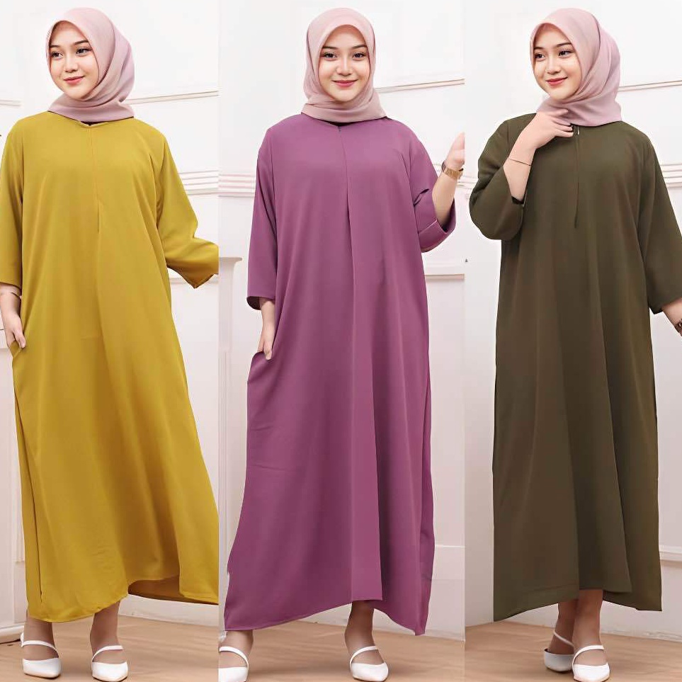 Dress Daster Tunik Crinkle Airflow Polos Busui Lengan 34 Baju Gamis Panjang Santai Harian Rumahan Wa