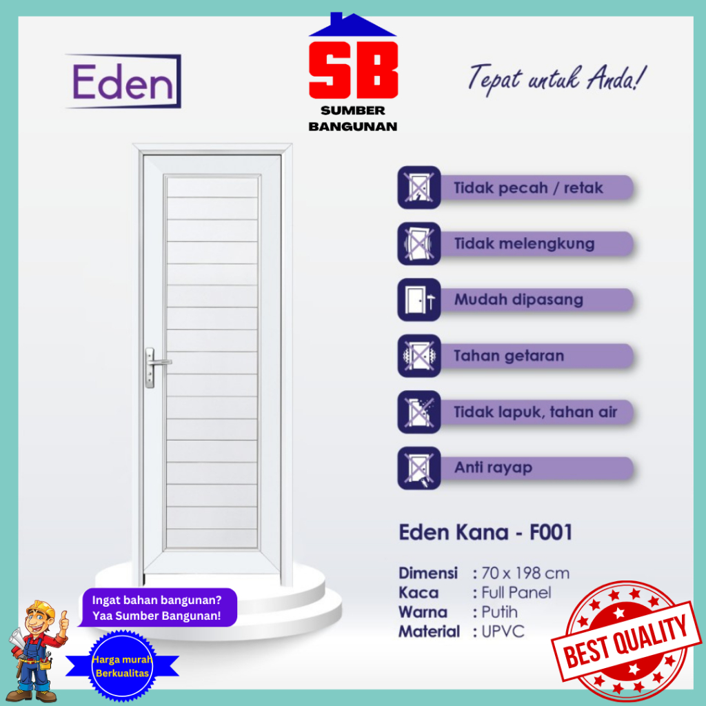 PINTU UPVC EDEN KANA PUTIH / COKLAT 70X198 KANAN KIRI KAMAR MANDI PVC PUTIH / COKLAT