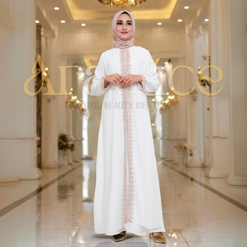 Baju Dress Gamis Putih Wanita Muslim Kekinian Terbaru BY ARALLUCE ARL 126 / Abaya Warna Putih Turkey