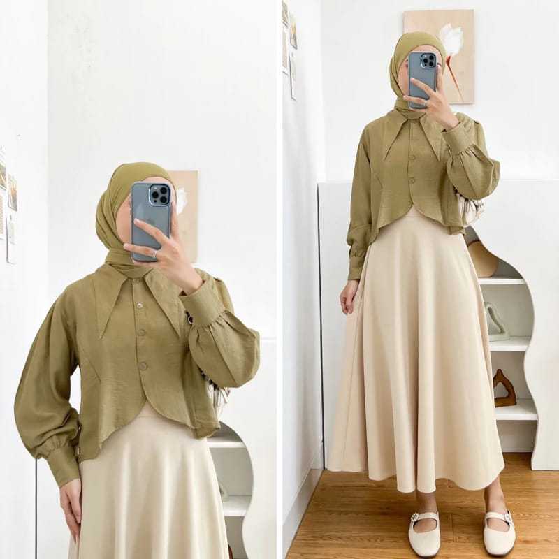 Blouse Crop Top Wanita Polo Linen Lengan Balon Panjang Korea Style
