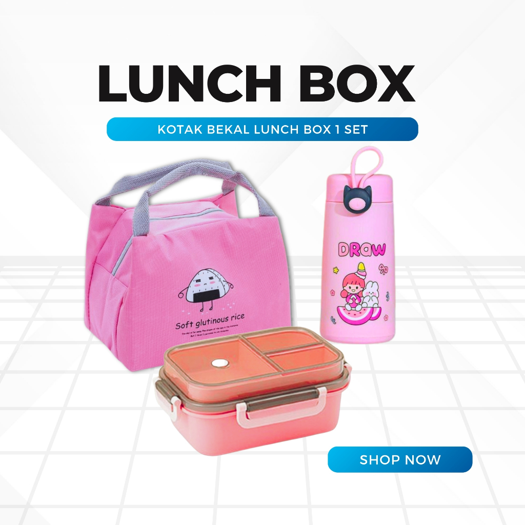 Kotak Tempat Makan Bekal Anak Sekolah TK Perempuan Laki Laki Lunch Box Set Tas Karakter Botol Minum
