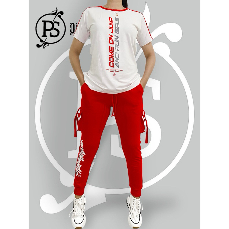 setelan tshirt pendek joger cargo merah putih