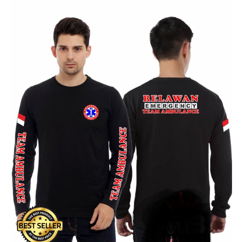 Kaos Lengan Panjang Relawan Team Ambulance Tshirt Crew Neck Hitam Longsleeve Original