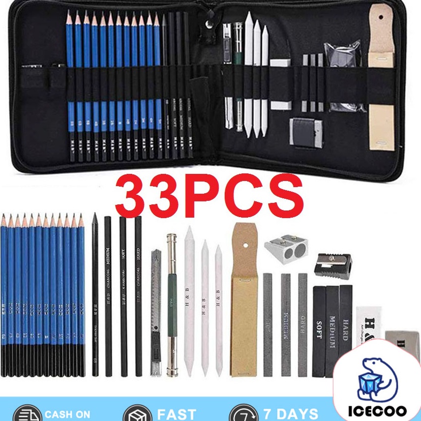 

33PCSSet Sketch Pensil Pisau Penghapus dan Pensil Gambar untuk Keperluan Sekolah Pencil Drawing Set
