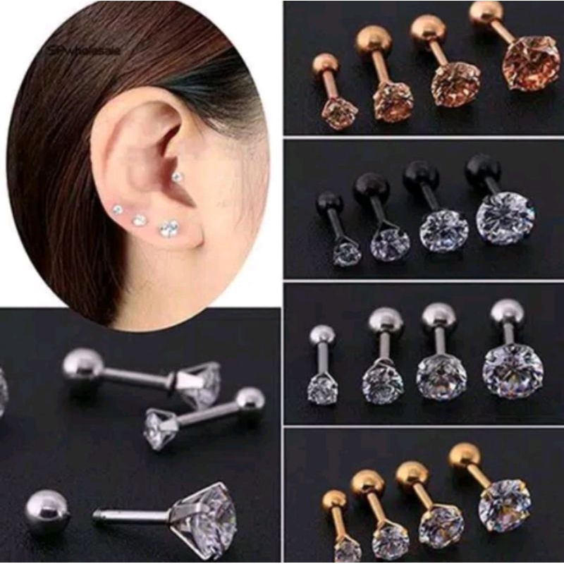 1Pc Anting Tusuk Titanium zircon Berlian Bentuk Tulang ukuran 3mm sampai 6mm untuk pria