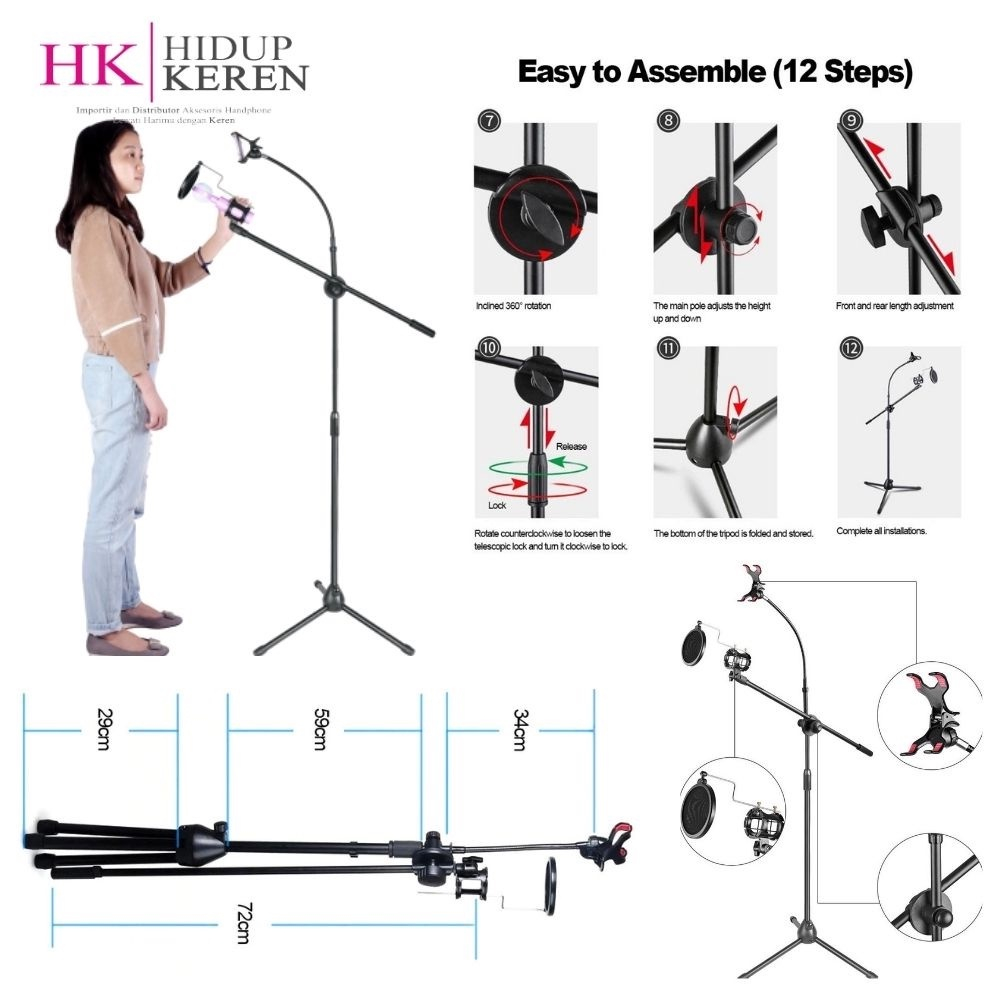 JXK7 Alat Studio - Stand Mic Holder Phone Tiang Panjang Microphone Dengan Holder Hp