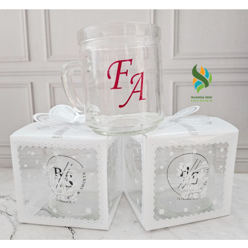 Souvenir Pernikahan Gelas Tiffany Cangkir Kopi Gagang Kaca Motif Container Mug Minum Teh Kaca Sablon