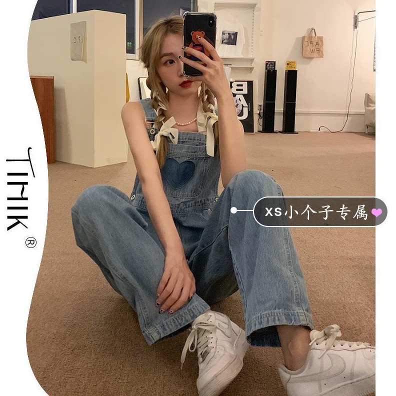 KODE J38C Jumpsuit Motif Love Bordir Celana Kodok Denim Panjang Tali Ikat Celana Wanita Lebar Kaki C