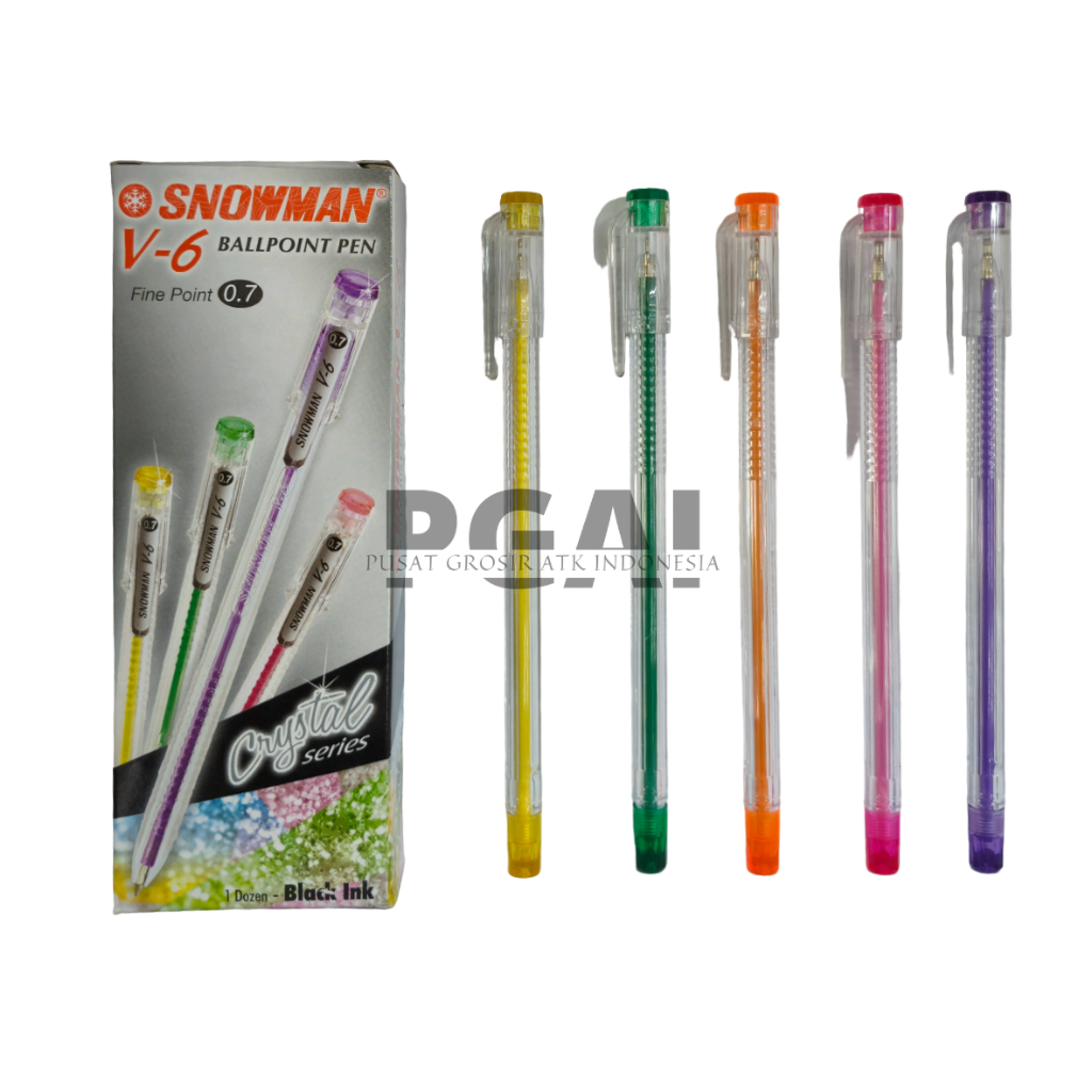 

BOLPOIN PULPEN BALLPOINT PEN SNOWMAN V6 0.7 MM CRYSTAL SERIES TINTA HITAM 1 PACK ISI 12 PCS