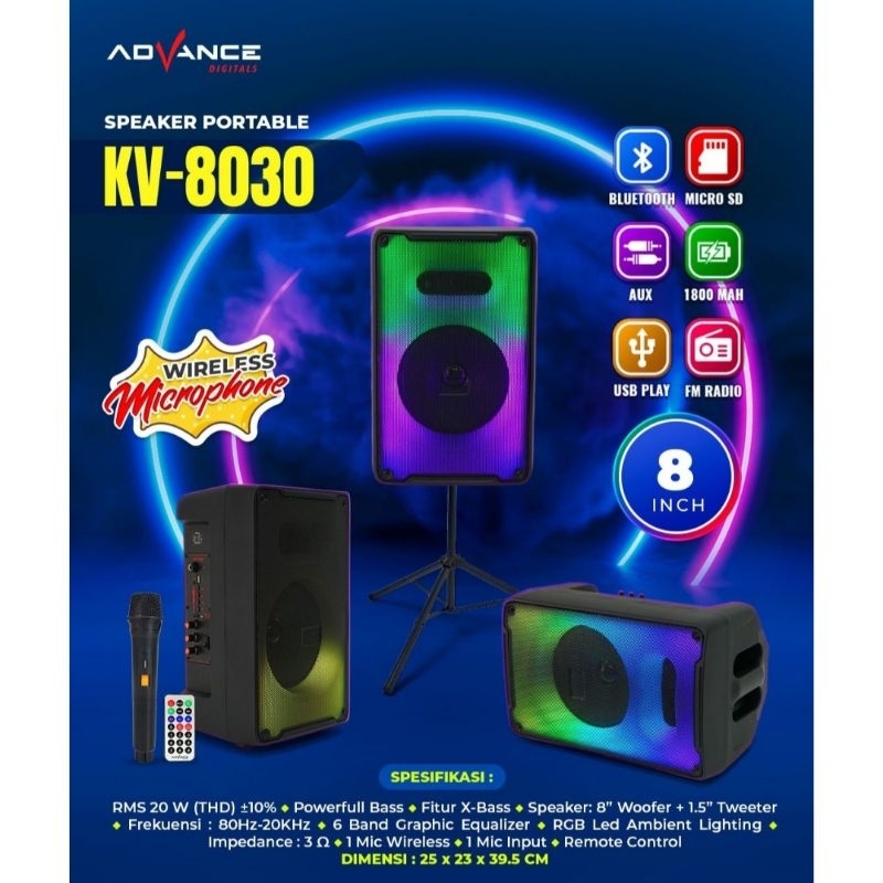 ADVANCE SPEAKER PORTABLE BLUETOOTH 8" KV-8030 FREE 1 MIC WIRELESS