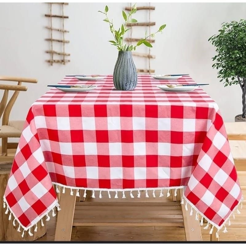 taplak meja makan jumbo motif kotak besar rumbai 6-8 kursi