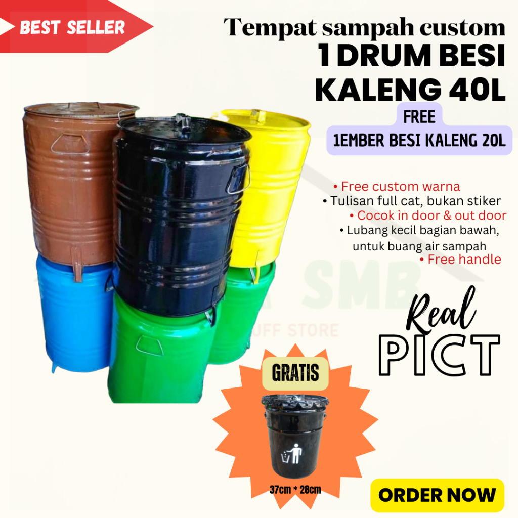 Tempat Sampah Drum Besi Besar 40L Beli 1 Gratis 1 Tong Sampah Custom Warna