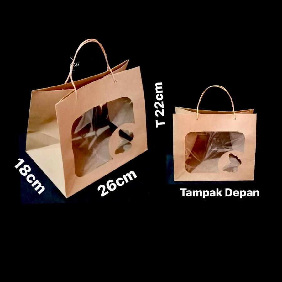 

(10 Pcs) Goodie Bag Box Bento Cake Paper Bag Dus Snack Kantong Jendela Mika Size 26x18x22 Cm
