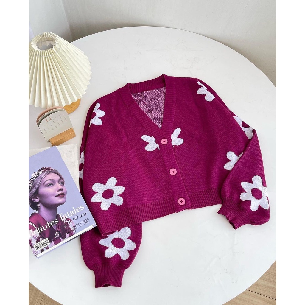 RYZKIA FASHION - CARDIGAN CROPTOP RAJUT MOTIF BUNGA ORIGINAL - FLOWER CARDY BUTTON BALON TERBARU - A