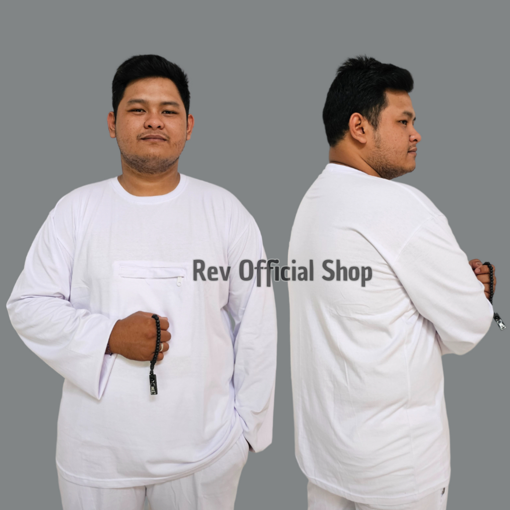 Rev Kaos Oblong Pria Jumbo Berkantong Perlengkapan Haji dan Umroh Pria Lengan Panjang Kaos Cardet