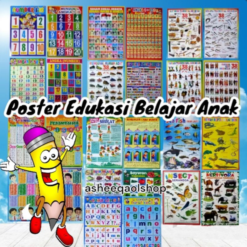 Poster Edukasi Anak Belajar Mengenal Huruf, Angka, Hijaiyah,sayur, Buah, kendaraan, Binatang Dll