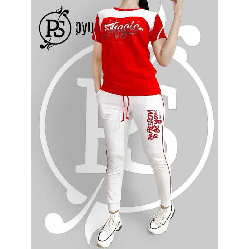 setelan joger dan tshirt pendek merah putih