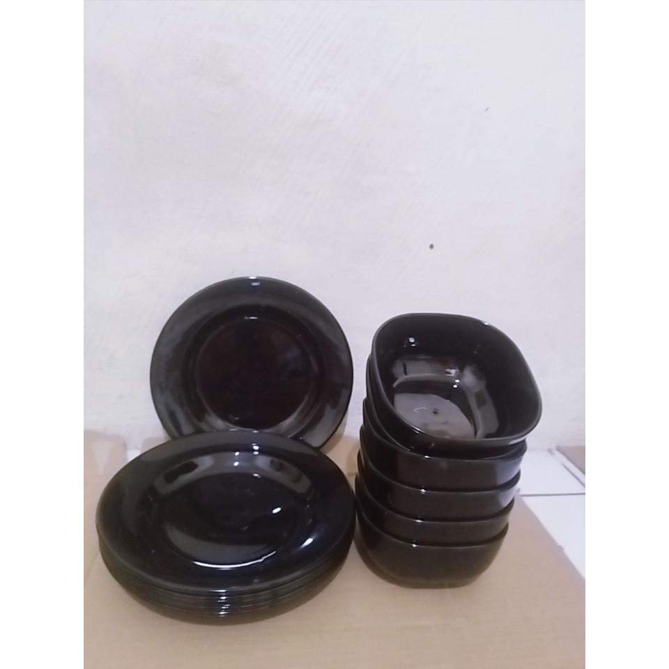 6 pcs /1 lusin piring dan mangkuk melamin dinnerware hitam