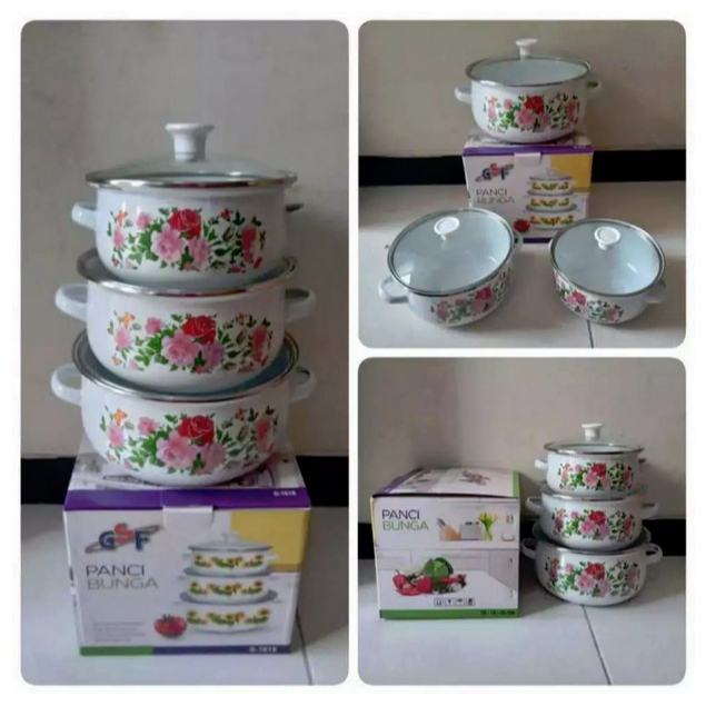 Panci Bunga Putih 3 Susun Panci Enamel Tutup Kaca Motif Bunga