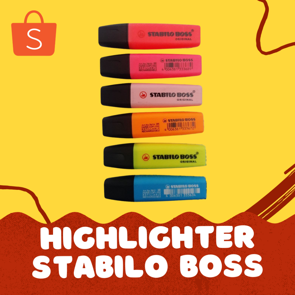 

Highlighter Stabilo Boss, Faber Castell 154 & Artline 660 Warna Biru, Hijau, Kuning, Merah, Ungu, Merah Lilac, Orange, Pastel Pink, Pink, Translucent Green & Translucent Yellow