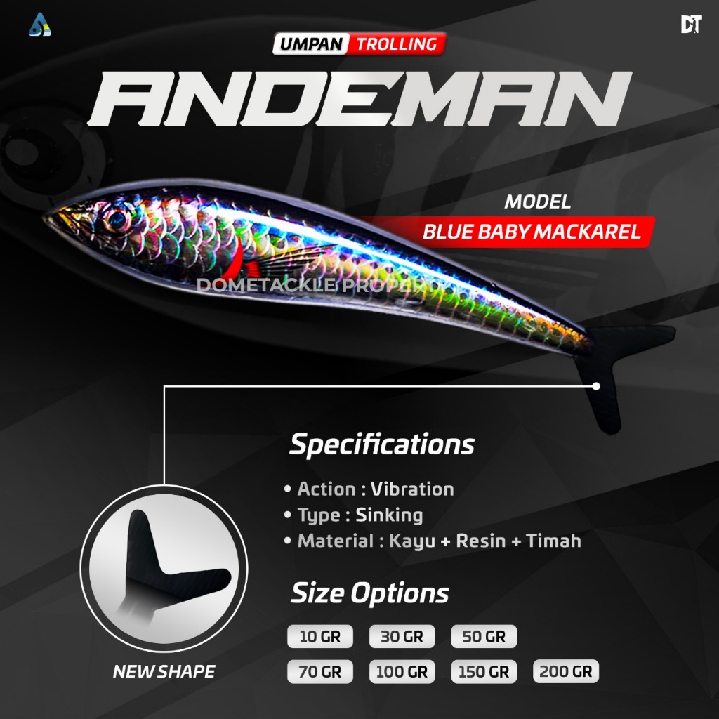 Umpan Trolling Tonda Andeman | Motif Baby Mackerel | Terget Ikan Tuna Tenggiri GT Talang Talang Waho