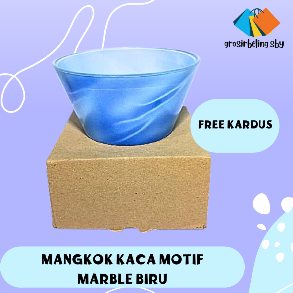Mangkok Kaca Beling Motif Marble Biru / Mangkok Souvenir Free Kardus